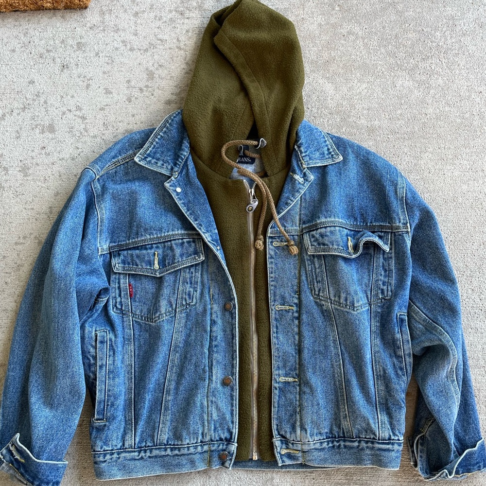 Vintage 90s Bugle Boy jeans denim jean jacket olive hoodie sweatshirt coat